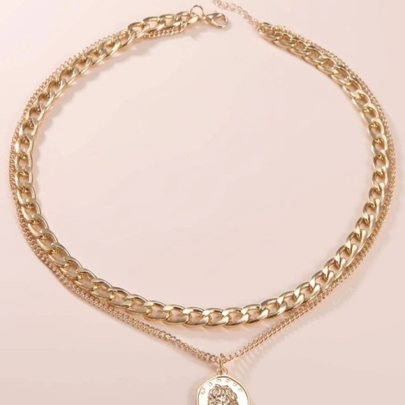 Gold Layered Chunky Chain Link Medallion Necklace - Picture 2 of 2